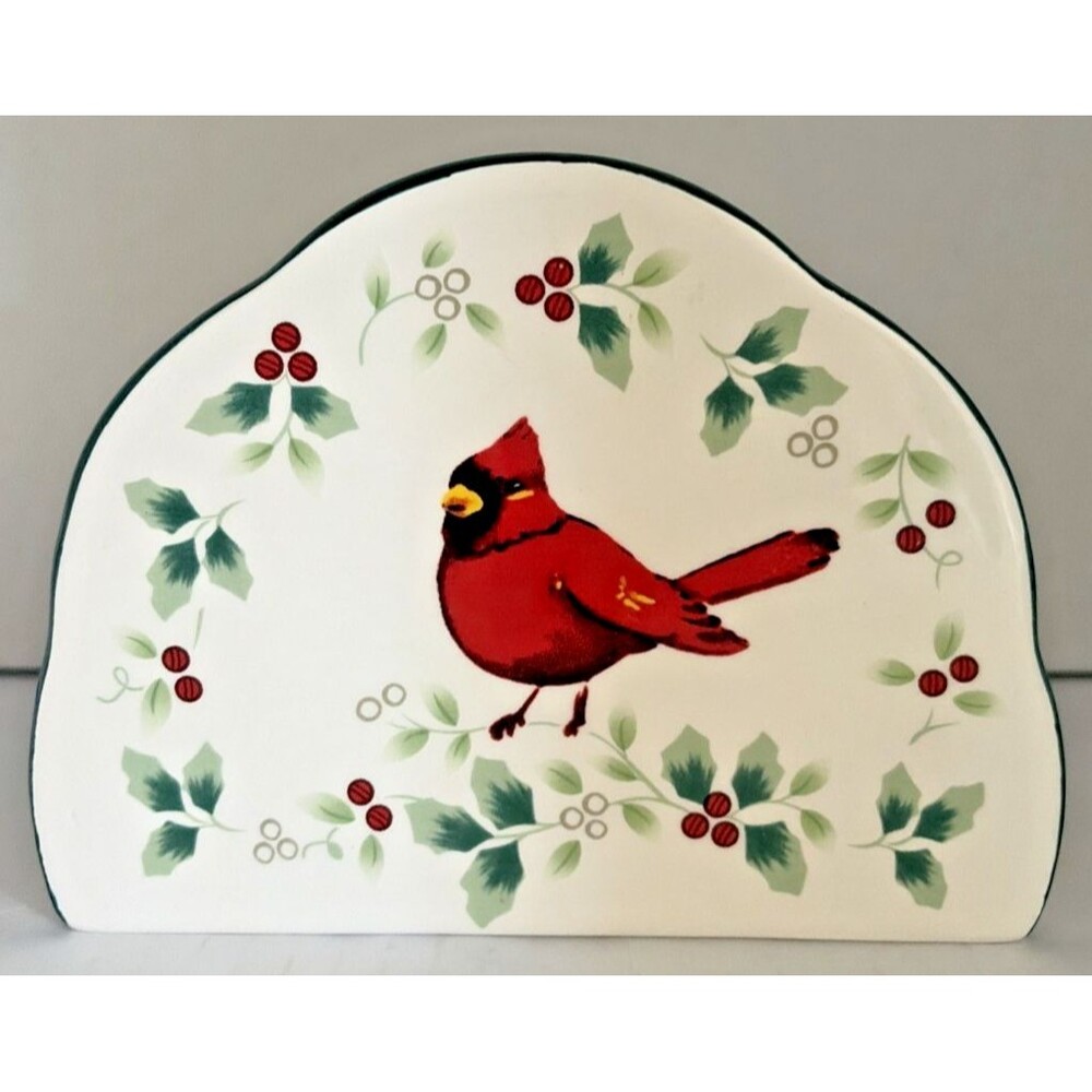 Pfaltzgraff Winterberry Cardinal Napkin Holder Stoneware 5 1/2" x 7"